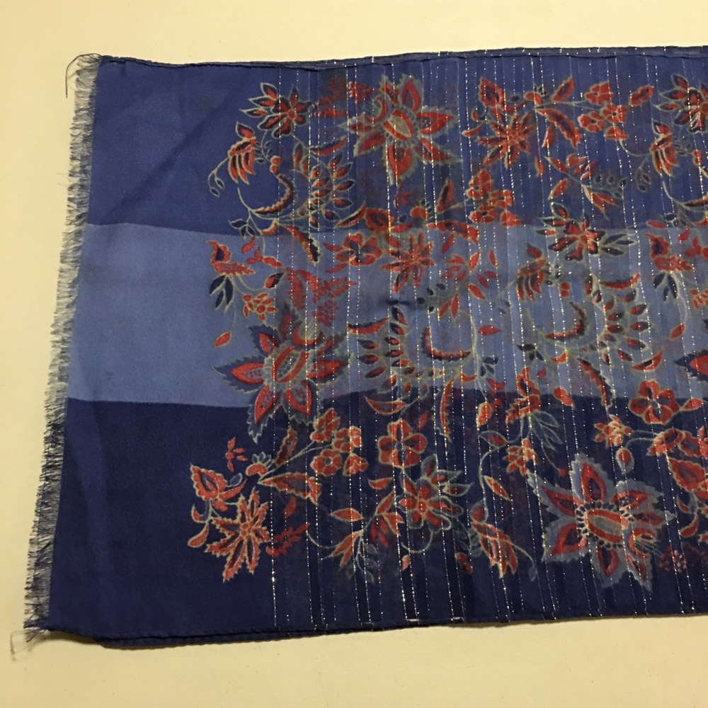 Long Blue Scarf With Red Flower Pattern